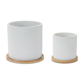 White Stone Planter with Wood Plate