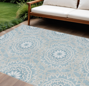 10' X 14' Denim Blue And Ivory Floral Medallion Washable Indoor Outdoor Area Rug