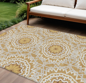 10' X 14' Gold Gray And Ivory Floral Medallion Washable Indoor Outdoor Area Rug