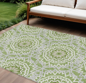 10' X 14' Olive Green And Ivory Floral Medallion Washable Indoor Outdoor Area Rug