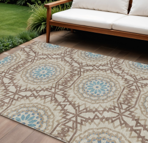 10' X 14' Khaki Brown And Taupe Floral Medallion Washable Indoor Outdoor Area Rug