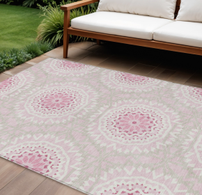 10' X 14' Pink Blush And Ivory Floral Medallion Washable Indoor Outdoor Area Rug