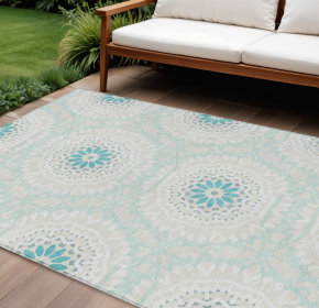 10' X 14' Teal Blue Beige And Ivory Floral Medallion Washable Indoor Outdoor Area Rug