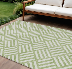 10' X 14' Artichoke Green And Ivory Geometric Washable Indoor Outdoor Area Rug