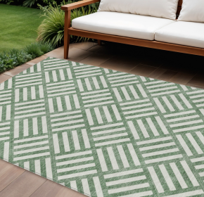 10' X 14' Green And Ivory Geometric Washable Indoor Outdoor Area Rug