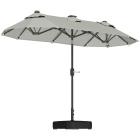 Outsunny Double-sided Outdoor Patio Umbrella with Solar Lights and Base, Dining Table Umbrella Push Button Tilt, Gray