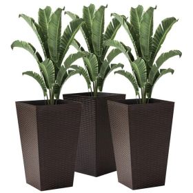 Set of 3 - Faux Rattan Plastic Tall Large Flower Pots (Color: Brown)