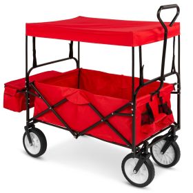 Collapsible Utility Wagon Cart Indoor/Outdoor with Canopy (Color: Red)
