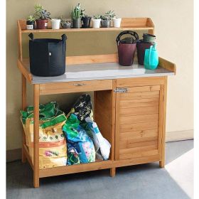 Natural Fir Wood Potting Bench (Option: Galvanized Steel Table Top)
