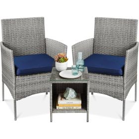 3-Piece PE Wicker Outdoor Dining Patio Furniture Set (Color: Grey, Option: Navy Blue Cushions)