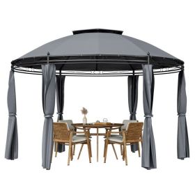 Circular Dome Hexagon Gazebo Canopy with Polyester Privacy Curtain (Color: Grey)