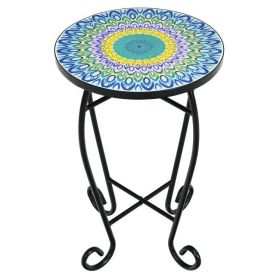 Indoor/Outdoor Mosaic Round Side Accent Table Plant Stand (Color: Blue Yellow Green)