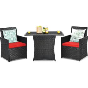 3-Piece Patio Furniture Outdoor Dining Set Brown PE Rattan (Option: Red Cushions)