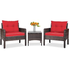3-Piece Brown PE Rattan Outdoor Dining Patio Furniture Set (Option: Red Cushions)
