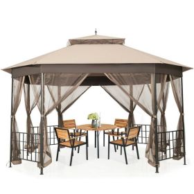 Outdoor 10 x 12 Ft Octagon Gazebo with Mosquito Net Sidewalls and Canopy (Color: Brown)