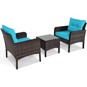 3-Piece Brown PE Rattan Outdoor Dining Patio Furniture Set (Option: Turquois Cushions)