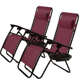 Set of 2 Folding Outdoor Zero Gravity Lounge Chair Recliner (Color: Burgundy Wine Red)